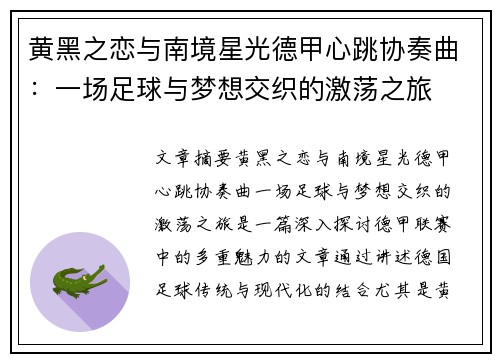 黄黑之恋与南境星光德甲心跳协奏曲：一场足球与梦想交织的激荡之旅